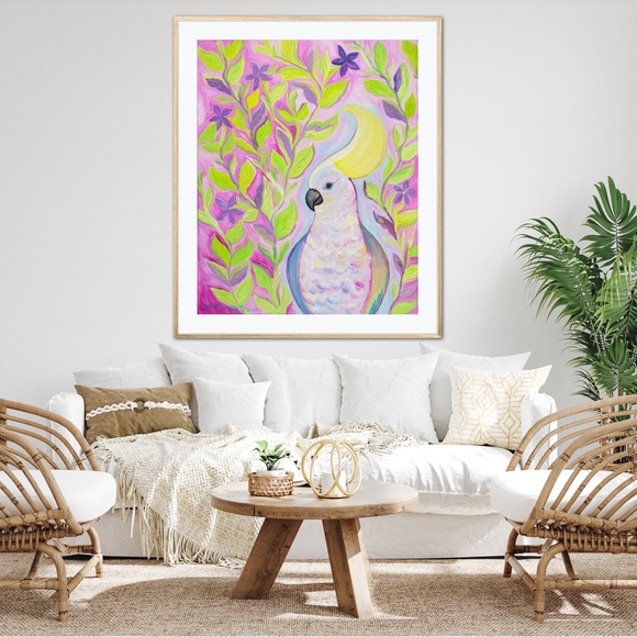 Cockatoo Hairdo Art Print Oil Painting tropical bird plants flowers whimsical - Picture 5 of 10